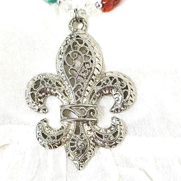 Silver Fleur-de-lis Necklace with Colored Stones - Picture 4 of 5